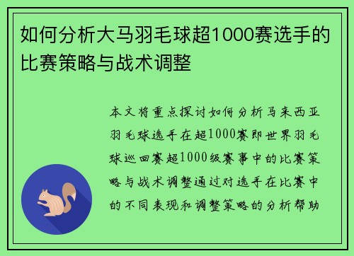 如何分析大马羽毛球超1000赛选手的比赛策略与战术调整