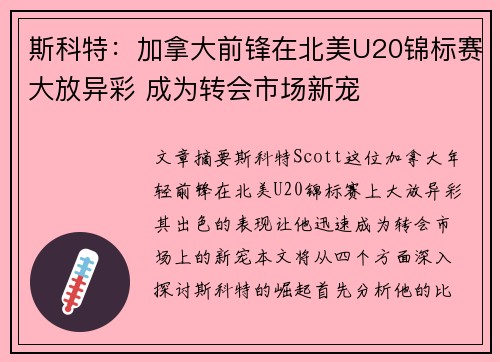 斯科特：加拿大前锋在北美U20锦标赛大放异彩 成为转会市场新宠